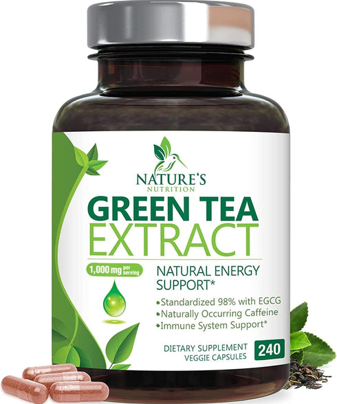 Green Tea Extract Capsules 1000mg 98% Standardized EGCG - 3X Strength for Natural Energy - Heart Support with Polyphenols - Gentle Caffeine - 240 ...