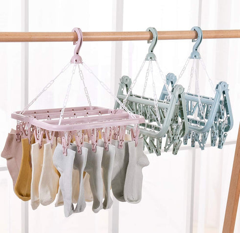 Laundry Hangers with 32 Clips,Clothespin Rack Foldable Laundry Drying Rack Drip Hanger for Drying Socks,Bras,Towel,Underwear,Hat,Scarf,Pants,Baby ...