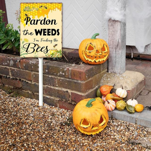Bee Sign Pardon The Weeds I'm Feeding The Bees Signs Bee Yard Sign with Stakes 8in×12in, Pollinator Garden Sign Bee Decorations,Sturdy Aluminum La...