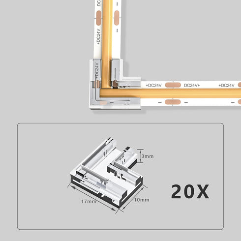 20pcs COB LED Light Strip Connectors 8mm 2Pin,Strip to Strip L-Shaped/Corner Connector LED Tape Light Connectors, Transparent Solderless Gapless N...