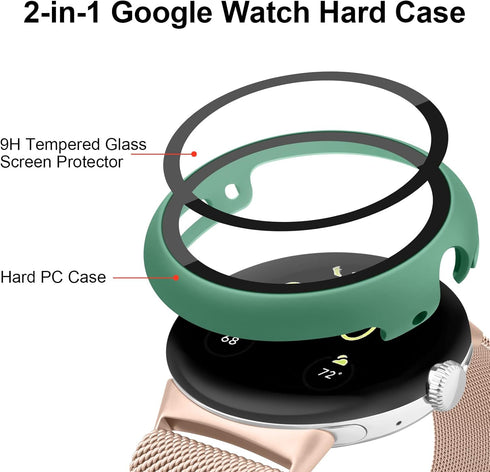 Hard PC Case Built in Tempered Glass Screen Protector for Google Pixel Watch 2 (2023) / Google Pixel Watch, Durable Matte Protective Cover Bumper ...