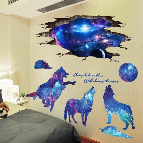 3D Blue Starry Sky Wolf Moon Wall Decals Removable PVC Magic 3D Milky Way Outer Space Planet Wall Sticker Peel Stick Home Decor for Kids Baby Bedr...