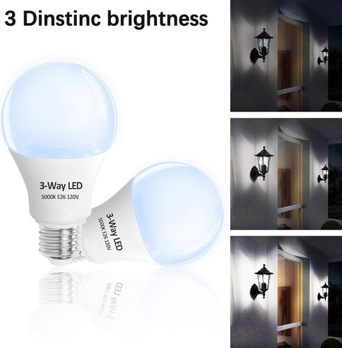 3 Way LED Light Bulbs 2 Pack, 30 70 100 Watt Equivalent, Daylight 5000K A19 Light Bulbs E26 Base, Indoor 3-Way light Bulbs for reading...