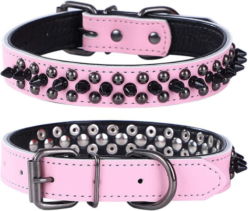 Spiked Studded Dog Collar, Genuine Leather Dog Collar, Adjustable Pet Collars for Small or Medium Pet (S, Pink)...