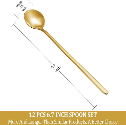 12 Pcs Coffee Spoons Set, 6.7" Gold Tea Spoons Long Handle, Stirring Spoons, Gold Small Teaspoons, Stainless Steel Gold Spoons, Long Spoons for St...
