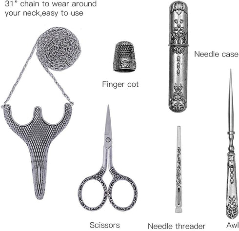 Embroidery Scissors, Stainless Steel Safety Scissors,Thread Cutter with Sheath, Sewing Needle Case,Awl,Thimble for Sewing, Cutting,Art Work,Embroi...