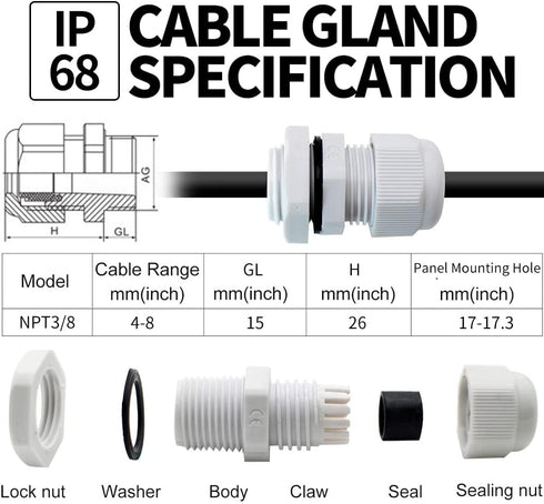 3/8 Cable Glands White PA66 Connector IP68 Waterproof Adjustable Cord Grip Strain Relief Connectors Protectors White 10PCS With Plastic Box...
