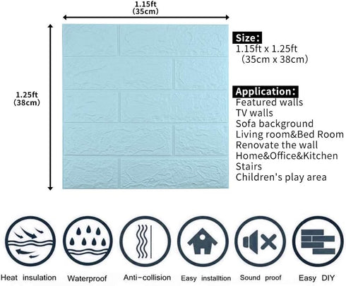 10 PCS Blue 3D Wall Panels, 14.5 sq.feet Coverage, Printable Wallpaper Sticker with Self-Adhesive Waterproof Brick PE Foam Wall Panels Peel and St...
