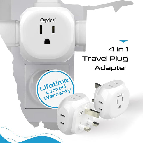 Ceptics US to UK Plug Adapter UK, Ireland Power Adapter Charger 4 Input - Ultra Compact - Light Weight - USA to Any Type G Countries Such as Hong ...