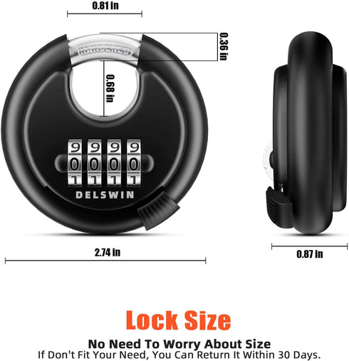 DELSWIN 4 Digit Combination Disc Padlock with Hardened Steel Shackle Combo Lock for Sheds, Storage Unit, School Gym Locker and Fence (Black,1Pcs)...