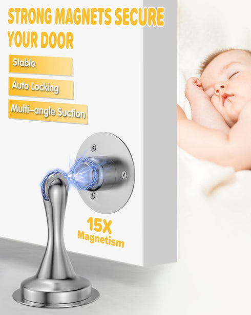 Door Stoppers Magnetic Door Catch - 2 Pack Stainless Steel Heavy Duty Door Holder Stops for Bottom Top of Door - Wall Floor Mounting No Drill 3M A...