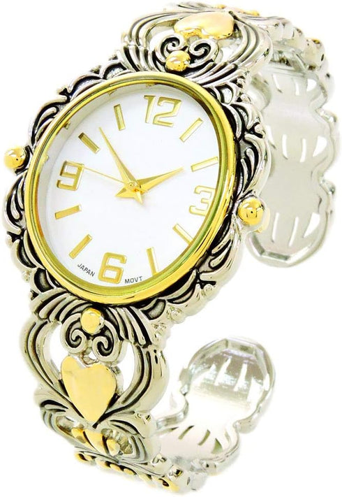 2Tone Metal Decorated Large Oval Face Women's Bangle Cuff Watch...