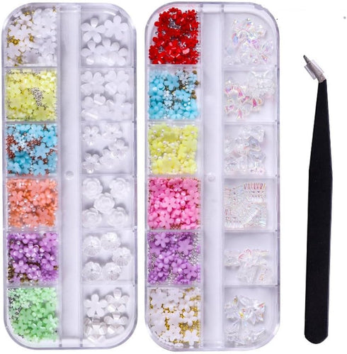 12 Grid 3D Acrylic Colorful Flowers Nail Art Pearl Designs Nail Art Supplies DIY Nail Art Accessories for Women ,1 Nie Zi...