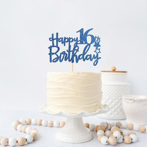 Royal Blue Glitter Happy 16th Birthday Cake Topper - 16 Sign Cake Topper - Cheers to 16 Years Party Supplies - 16th Birthday Party Decorations...