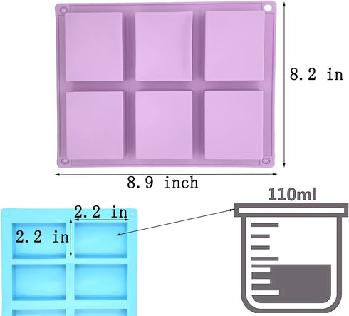 3 Pack Silicone Soap Molds - 6 Cavity Rectangle Molds for Craft Soap, Muffin, Loaf, Cornbread, Cake, Chocolate & Ice Cube Trays (Blue, Pink, Purpl...