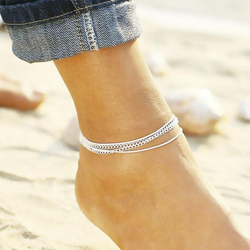 Boho Anklets Silver Layered Ankle Bracelets Turquoise Beach Foot Jewelry Adjustable for Women and Girls...