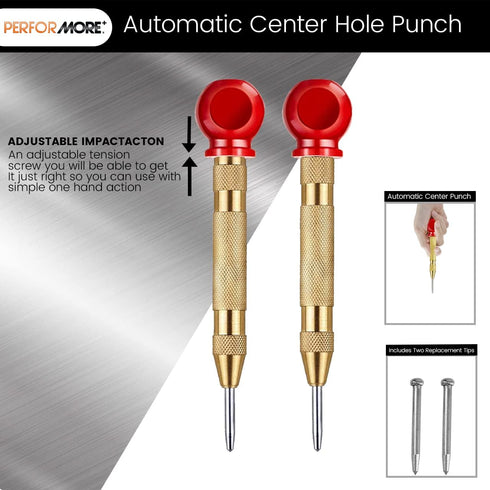 Performore Automatic Center Hole Punch With Hardened Steel, Includes Two Replacement Tips Adjustable Spring Metal Drill Tool with Cushion Cap, Han...
