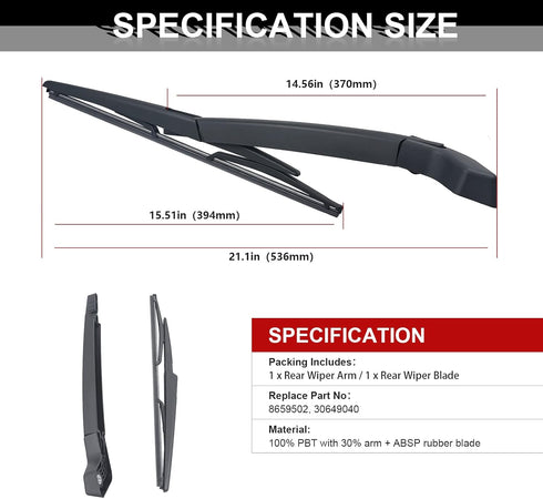 Rear Wiper Arm Blade for Vol-vo XC90 2003-2006# 8659502 30649040 Back Windshield Window Wiper Set...