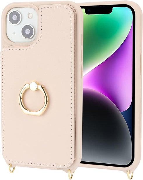 for iPhone 14 Case with Card Holder for Women,iPhone 14 Phone Case with Strap,Crossbody Lanyard,Ring Stand,Snap Clasp,Cute Wallet Cases 6.1 inch (...