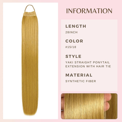 28inch Long Ponytail Extension with Hair Tie, Multi Dark Blonde Yaki Straight Ponytail Thick Braiding Hair Ponytail Natural Fake Pony Tails Hairpi...