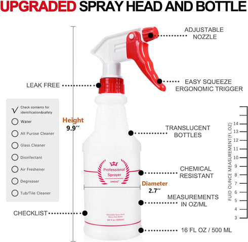 Plastic Spray Bottle (4 Pack, 16 Oz, All-Purpose) Heavy Duty Spraying Bottles Leak Proof Mist Empty Water Bottle for Cleaning Solution Planting Pe...