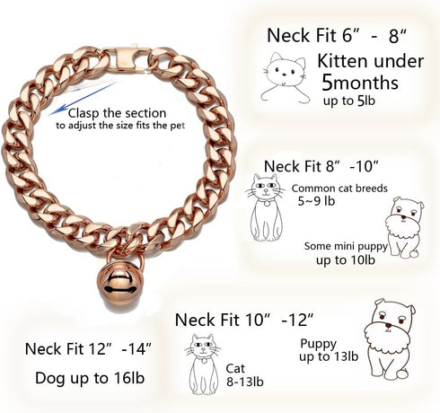 Rose Rose Gold Cat Dog Collar Kitten Puppy Wide Stainless Steel Kitten Choker Curb Adjustable 12 inch Chew Proof Cuban Link 1/2inch Chain with Ros...