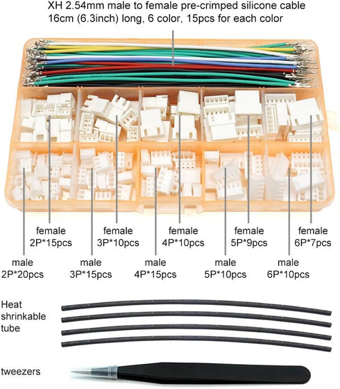 XH 2.54mm Connector Kit - JST XH Compatible 2.5mm Pitch Male Female Connector Sockets Plugs and 22AWG Pre-Crimped Silicone Cables Wire 2 3 4 5 6 P...
