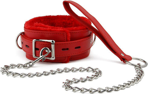 Leather Choker Collar with Long Traction Chain Rugged Durable and Collar Necklace Neck Size Adjustable Suitable for Pets Red...
