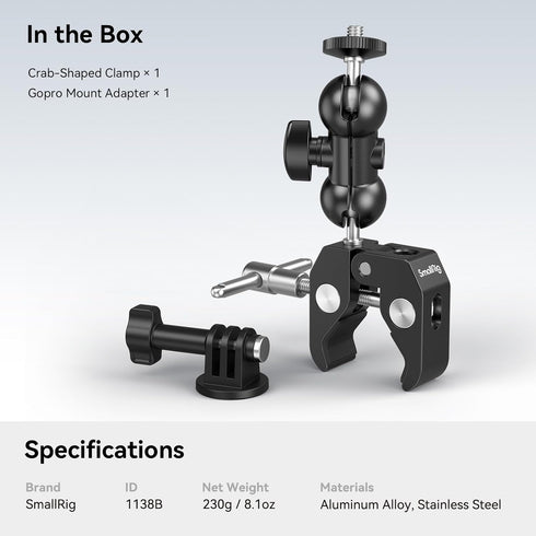 SMALLRIG Super Camera Clamp Mount, Double Ball Head Magic Arm Adapter, Fence/Desk/Tripod Mount for Monitor/Light/Camera, for Insta360, for Gopro 1...
