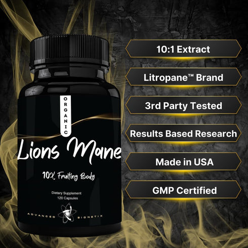 Organic Lions Mane Supplement 120 Capsules. Brain Support Nootropic Immune System Support Mushroom Supplement. 10X Extract Similar to 18,000mg, Co...