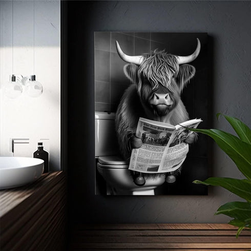 Black and White Animal Farmhouse Wall Art Highland Cow Reading Newspaper on Toilet Bowl Canvas Print Fun Art Poster for Wall Bathroom Canvas Paint...