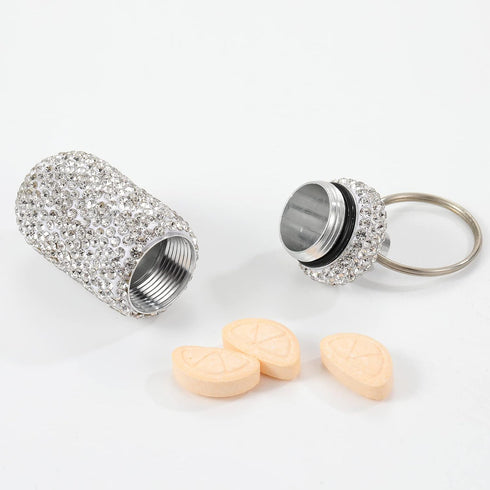 Bling Pill Case Portable Travel Pill Container Bottle Rhinestone Waterproof Small Pill Holder with Keychain Cute Mini Pill Storage Box for Outdoor...