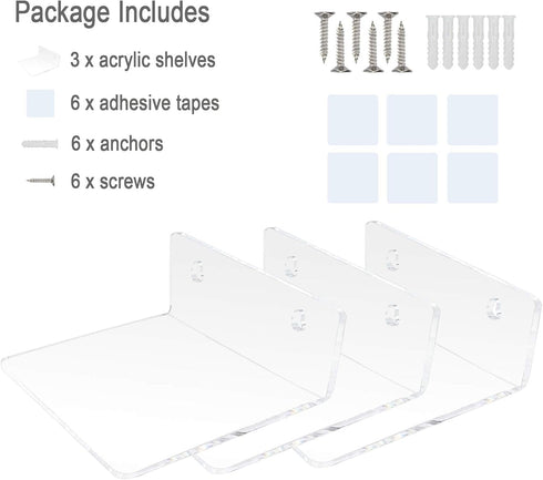 Bigfety Acrylic Small Floating Shelves for Wall, 3-Ledges, Clear Mini Display Floating Shelf Flexible Use with Adhesive or Screw...