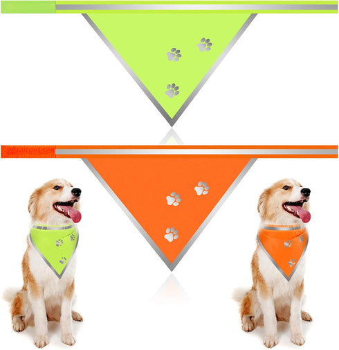 2 Pcs Reflective Dog Bandana Neon Orange Green High Visibility Dog Reflective Gear Dog Reflective Scarf Bib for Dog Camping Night Walking Off Leas...