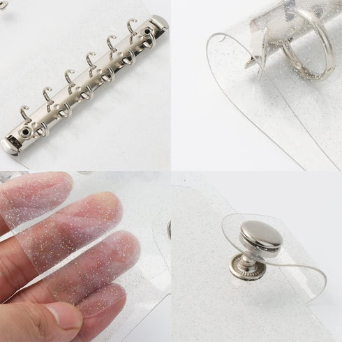 1PC Clear Glitter Binder Cover 6-Ring Loose-Leaf Folder Soft PVC Noterbook Personal A7 Silver Round Ring Binders with Snap Button Closure Folders ...