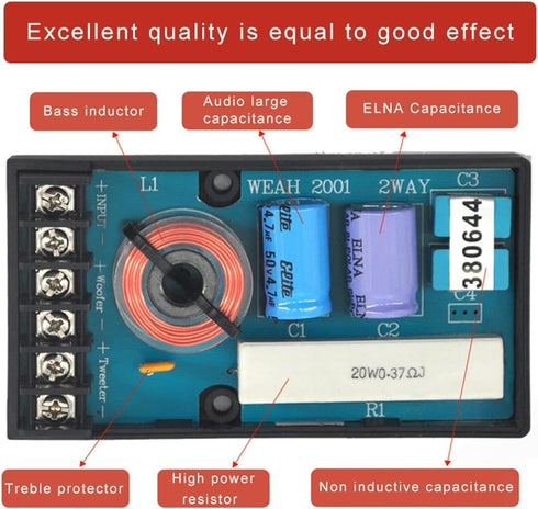 2 Way Crossover for Speaker, WEAH-2001 2pcs Speaker Frequency Divider 2 Way Car Audio Speakers Two Crossover Divider Crossover Filter...