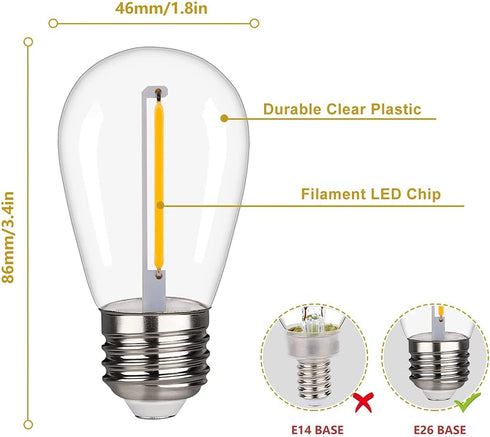 BORT LED S14 Replacement Light Bulbs, Shatterproof Outdoor String Light Bulbs, 1 Watt to Replace 11Watts Incandescent Bulb, E26 Regular Medium Scr...