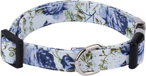 Girl Dog Collar for Small Medium Large Dogs, Cotton Pet Collar, Flowers Daisy and Rose Patterns with Quick-Release Buckle (Rose Blue, M)...