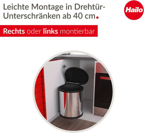 Hailo Compact-Box M Trash Can, 4 Gallon, Lid-Lift, Small Kitchen Bin, Stainless Steel...