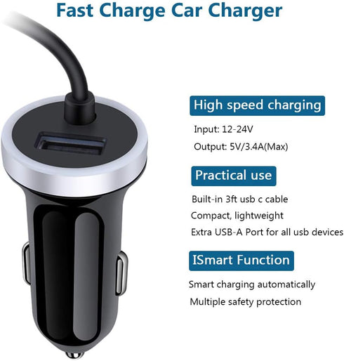 Fast Car Charger for Samsung Galaxy S24 S23 S22 S21 S20 Note 20 S10 S9 S8 A54 A14 A53 A23 A13 A03S Z Fold 5 4 Z Flip 5 4 A12 A32, 3.4A USB C Car A...