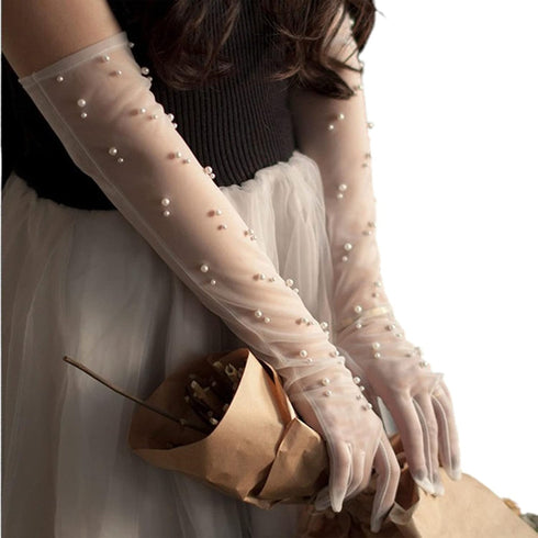Pearl Women’s Wedding Gloves Long Tulle White Finger Lace 20s Opera Evening Party Sheer Gloves for Brides...