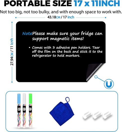 CUHIOY Magnetic Black Dry Erase Board for Fridge 17x11'', Small Whiteboard Kitchen Refrigerator Magnet Black White Board for Grocery List and to D...