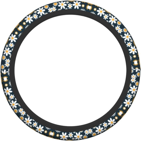 Daisy Flowers Car Steering Wheel Cover, White and Yellow Daisy Print Auto Steering Wheel Cover for Women, Anti-Slip Universal Fit 14.5-15 inch Car...