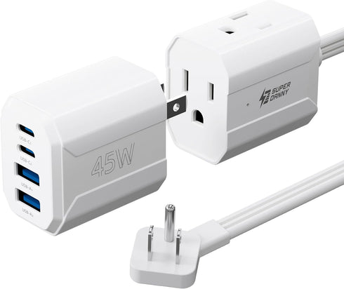 SUPERDANNY Detachable Travel Power Strip,45W USB Fast Charge,2 USB-C & 2 USB-A with 3 Outlets Flat Plug Extension Cord 5ft,Portable Charger for Tr...