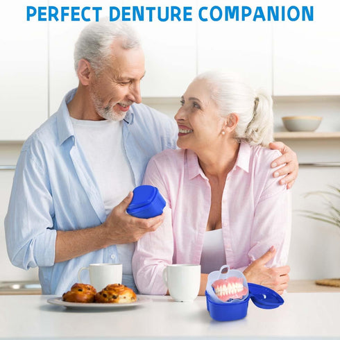 2 Pack Colors Denture Bath Case Cup Box Holder Storage Soak Container with Strainer Basket for Travel Cleaning (Light Blue and Blue)...