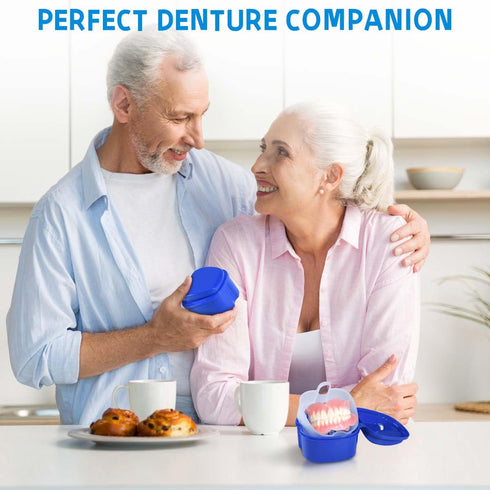 3 Pack Colors Denture Bath Case Cup Box Holder Storage Soak Container with Strainer Basket for Travel Cleaning (White, Blue, Light Blue)...