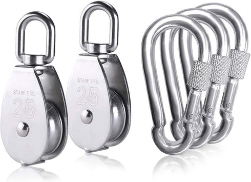 2pcs M25 Single Pulley Block with 3pcs Spring Snap Hook Carabiner, Heavy Duty 304 Stainless Steel Pulley Roller & 3'' Spring snap Hooks, Pully Cra...