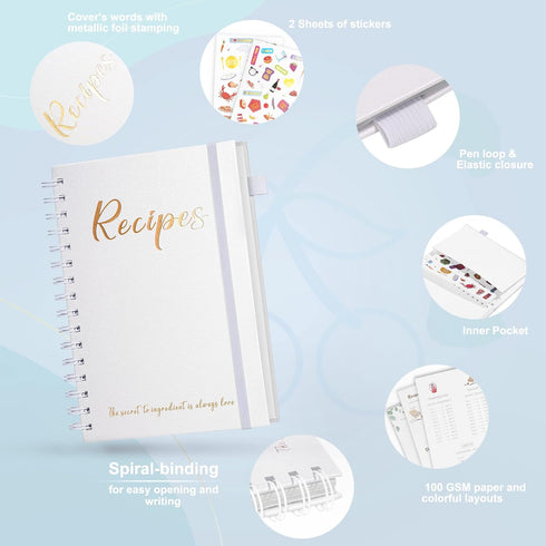JUBTIC Recipe Book to Write in Your Own Recipes,Sprial Hardcover Personal Blank Recipe Book, Make Your Own Family Cookbook with Gold Foil Stickers...