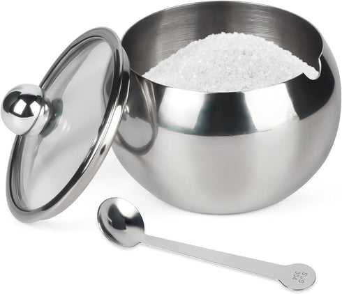 asika Sugar Bowl, Stainless Steel Sugar Pot with Clear Lid and Spoon, Drum Shape Small Condiment Container for Home and Kitchen, 8.1 Ounces(240 Mi...