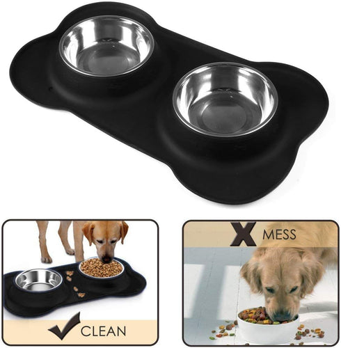 Pet Deluxe Dog Bowls Stainless Steel Dog Bowls with No Spill Skid Resistant Silicone Mat, 24oz 48oz Dog Food and Water Bowl Set Feeder Bowls for S...